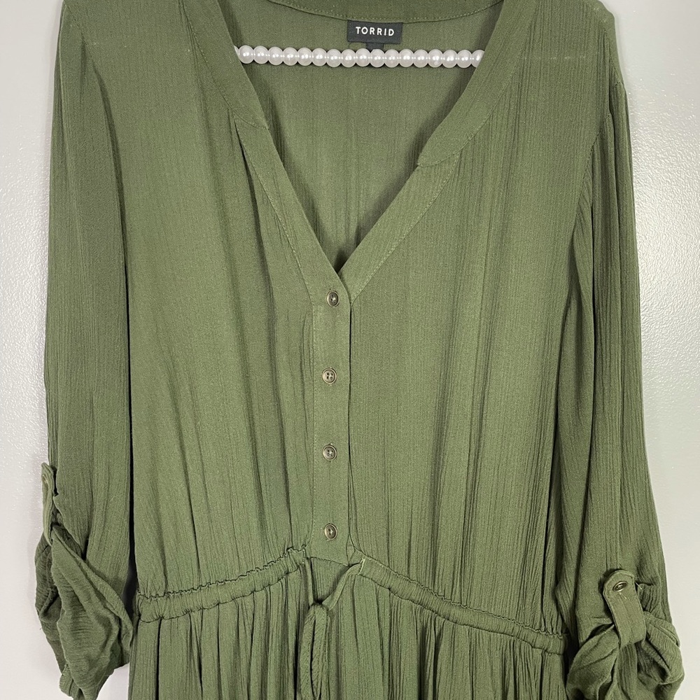 Torrid olive button front gauze skater dress - Picture 3 of 9